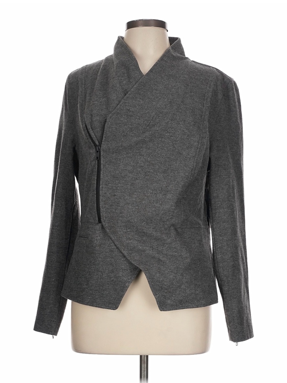 CAbi Gray Asymmetric Crossover Zip Blazer